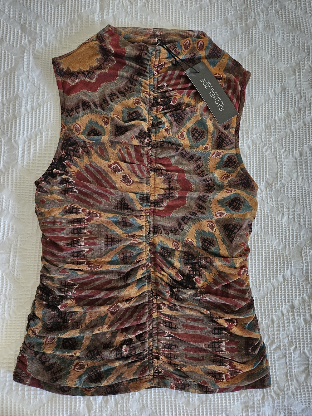 Rachel Zoe Abstract Ruched Front/ Mock Neck Top